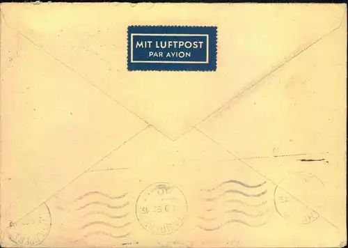 1952, Luftpostbrief mit 50 und 5 Pfg. eng gezähnt ab MENDEN (WESTFALEN) nach Finnland
