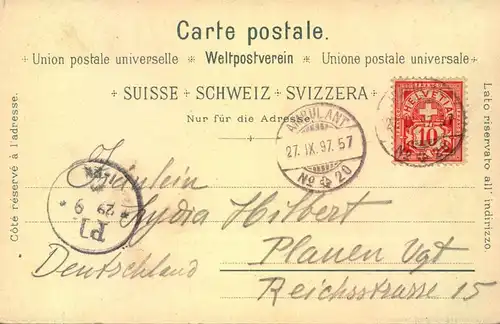 1897, Farblitho VITZNAU & RIGIBAHN gelaufen AMBULANT No. 20 nach Deutschland