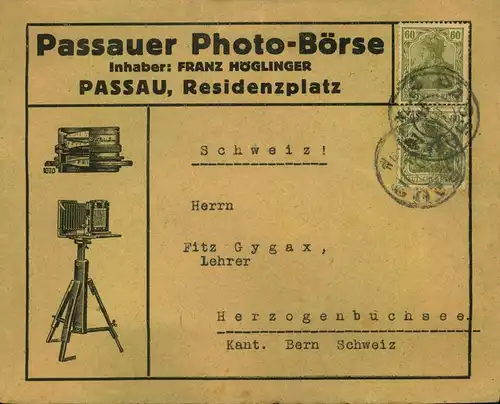 1921, dekorativer Werbeumschlag ""Passauer Photo-Börse"" mit 2-mal 60 Pfg. Germania