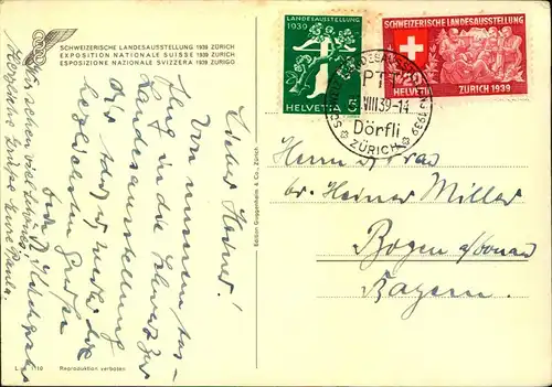 1939, Sonderkarte zur Schweizerischen Landesausstellung mit Sonderstempel