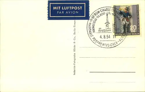 1954, 20 Pfg. Postbote auf Ansichtskarte Messegelände mit Ersttagsstempel 4.8.54