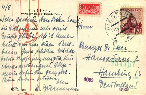 1941, ppc PIESTANY franked with 1,20 K and censor to Hamburg