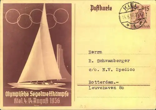 1936, 15 Pfg. Ganzsachenkarte ""Olympische Segelwettbewerbe"" bedarfsgebraucht ab KIEL 14.8.36