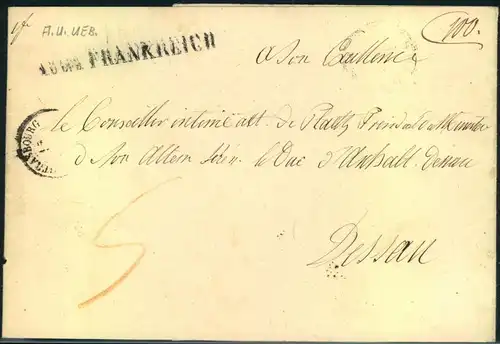 1853, taxed letter sent from STRASSBOURG with "" A.U.UEB. FRANKREICH"" transit mark to Dessau.