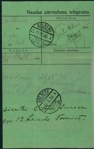 1930, telegraphic money order from GULBENE
