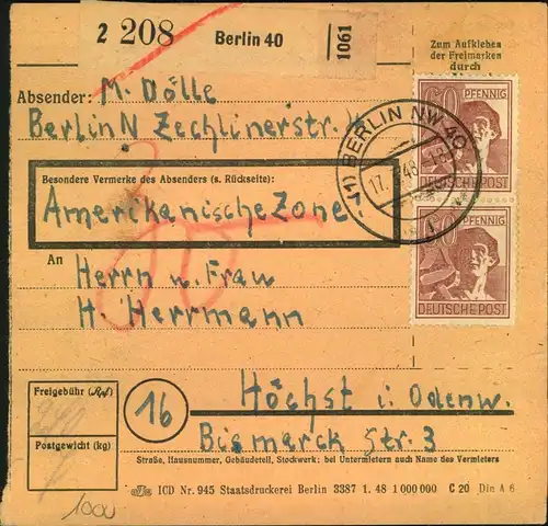 1948, Paketkarte ab BERLIN NW 40 mit 2-mal 60 Pfg. Arbeiter vorder- und 2-mal rückseitig.