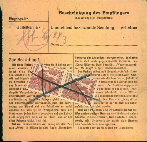 1948, Paketkarte ab BERLIN NW 40 mit 2-mal 60 Pfg. Arbeiter vorder- und 2-mal rückseitig.