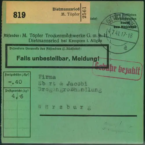 1941, grüne Postgutkarte mit ""Gebühr bezahlt"" ab DIETMANNSRIED