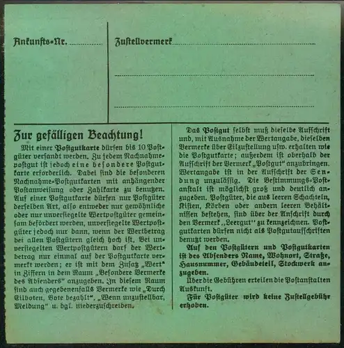 1941, grüne Postgutkarte mit ""Gebühr bezahlt"" ab DIETMANNSRIED