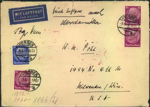 1941, Luftpostbrief ab VIERSEN nach USA.