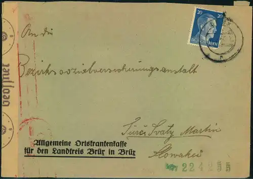 20 Pfg. Hitler als seltene EF auf Brief im Sondertarif ab BRÜX in die Slowakei. OKW-Zensur.