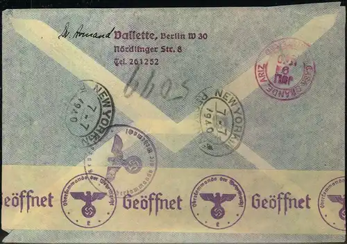 1940, Luftpost-Einschreiben ab BERLIN-SCHÖNEBERG 21.6.40 mit Zensur nach USA.