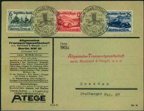 1939, Firmen-Werbeumschlag mit Automobil-Ausstellung und Sonderstempel.