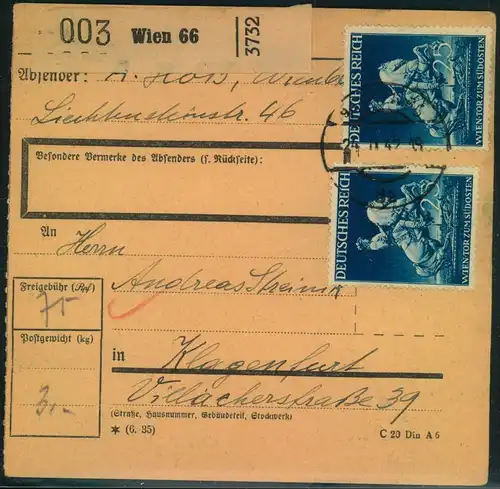 1942, 25 Pfg. Wiener Messe dreimal, davon einmal rückseitig, auf Paketkarten-Stammteil ab WIEN.