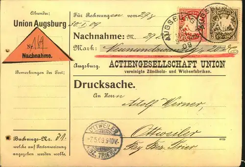 1909, dekorative Nachnahmekarte mit Werbung rückseitig. Zwei Nadellöcher.