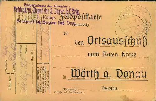 1917, Feldpost Vordruckkarte an den Ortsausschuß vom Roten Kreuz in Wörth a.d. Donau