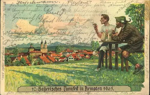 1905, 12. BAYERISCHES TURNFEST IN KEMPTEN 1905, officielle Festpostkarte gelaufen nach München.