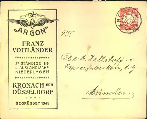 1909, Privatumschlag der Firma FRANZ VOITLÄNDER gelaufen ab KRONACH