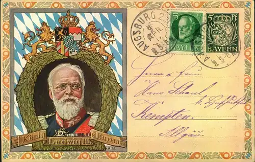 1912, 5 Pfg. Privatganzsachenkarte Ludwig III mit umseitiger Abbildung der bayerischen Briefmarken ab den Quadratausgabe