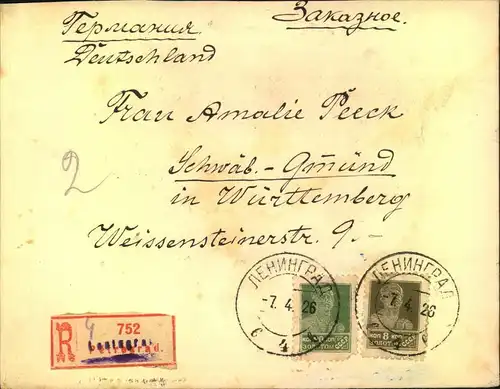 1926, registered letter from LENINGRAD with with older ""Petrograd"" R-label overprinted with handstamp.
