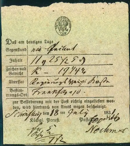 1831, SCHÖNFLIEß handschriftlich auf Postschein für ein Paket.