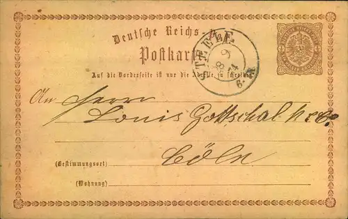 1874, STEELE, 1/2 Groschen Ganzsachenkarte nach Cöln.