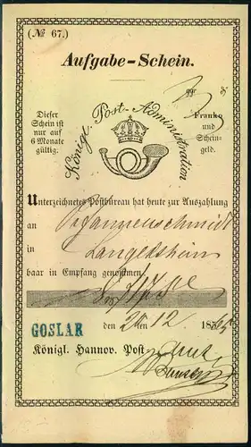 1865, GOSLAR, L1 auf Postschein