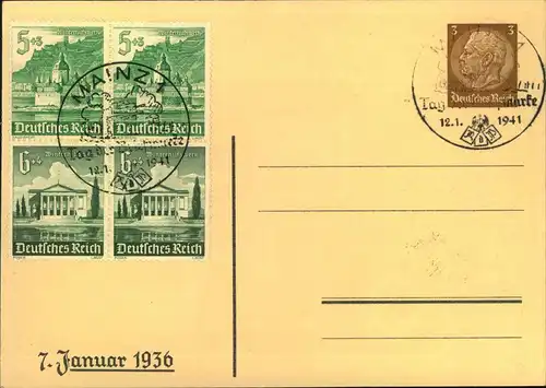 1941, Privatganzsache ""1. Tag der Briefmarke 1936"" mit WHW Zusammendruck und SSt Mainz