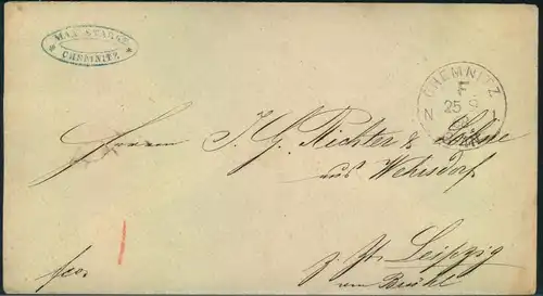 1869, CHEMNITZ F N 1, seltener violetter Francostempel auf Brief nach Leipzig.