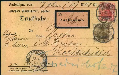 1907, dekorative Nachnahmekarte ab ITZEHOE nach Friedrichsstadt