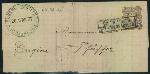 1883, Briefteil mit 20 Pfg. und besserrem Stempel STRASSBURG i. Els. E.B.P. 20
