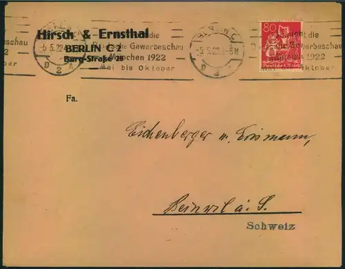 1922, portogerechte Auslandsdrucksache mit 80 Pfg. Arbeiter Wz 1 und Maschinenstempel MÜNCHEN in die Schweiz.