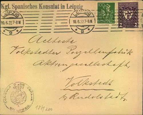 1922, Brief ab LEIPZIG, Absender ""Kgl. Spanisches Konsulat"" nach Volkstedt.
