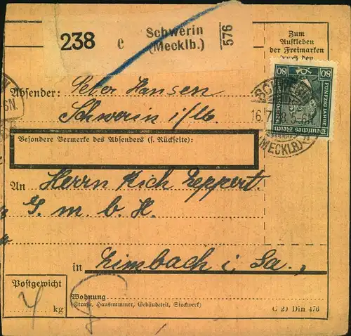 1928,Paketkartenstammteil mit Einzelfrankatur 80 Pfg. Stephan ab SCHWERIN (MECKL.) nach Lauterbach. Kleines Nadelloch.