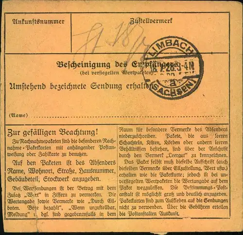 1928,Paketkartenstammteil mit Einzelfrankatur 80 Pfg. Stephan ab SCHWERIN (MECKL.) nach Lauterbach. Kleines Nadelloch.