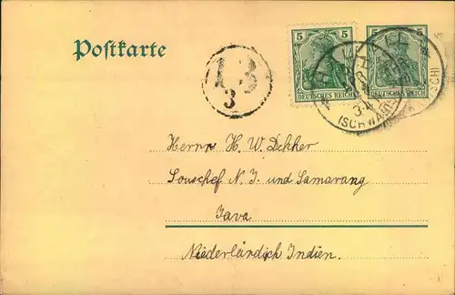 1904, 5 Pfg. Germania Postkarte mit wertgleicher Zusatzfrankatur ab HALL (SCHWABEN) nach Java.