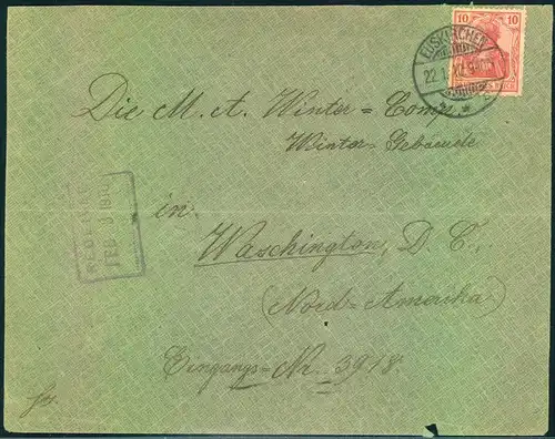 1910, 10 Pfg. Germania auf Brief zum Sondertarif ""Amerika direkt"" ab EUSKIRCHEN nach USA. Umschlag waag. Mittelbug und