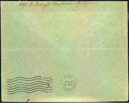 1910, 10 Pfg. Germania auf Brief zum Sondertarif ""Amerika direkt"" ab EUSKIRCHEN nach USA. Umschlag waag. Mittelbug und