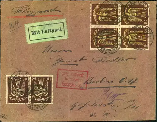 1923, 25 Mk Holzstaube im Viererblock und Paar auf Luftpostbrief ab LEIPZIG mit Flugbestätigungsstempel nach Berlin.