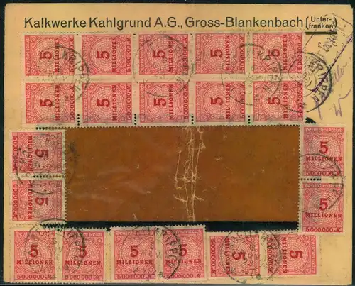 1923, Umschlag mit 20-mal 5 Mio Korbdeckel und ""Gebühr bezahlt"". Fensterumschlag mit Mittelbug aber selten.