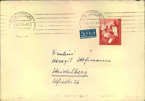 1953, Brief mit 20 Pfg. Jugend 1952 ab HAMBURG: Umschlag Mittelbug.