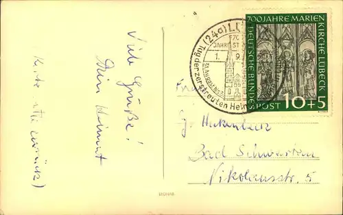 1951, 10 Pfg. Marienkirche auf Sonderkarte mit SSt ab LÜBECK.