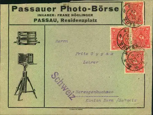 1922, Auslandsdrucksache mit 10 M MeF ab PASSAU, Reklame ""Passauer Photo-Börse""