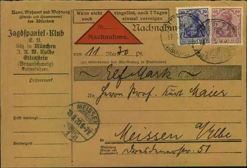 1920, Nachnahmekarte mit Germania-Frankatur  ab Ottenstein für Beitrag Jagdspanielklub. Hund, Dog, Chien.