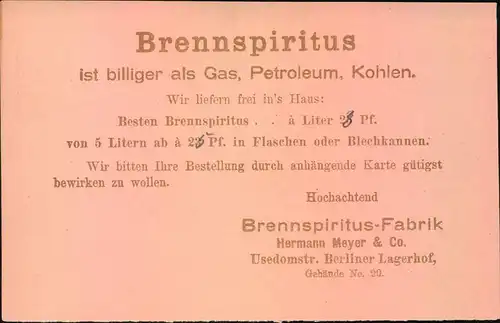 1890, 2 Pfg. PACKETFAHRT Ganzsachenkarte mit rückseitiger Werbung für Brennspiritus.