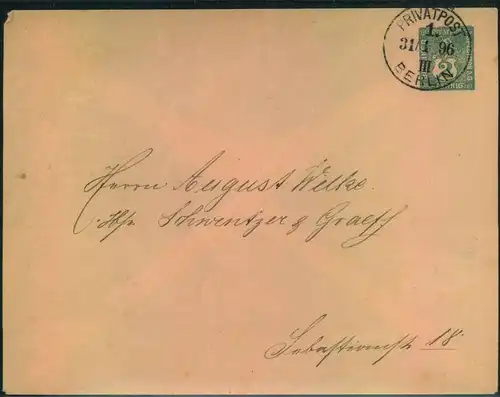 1896, Umschlag BERLINER PRIVATPOST U. SPEDITION, gelaufen