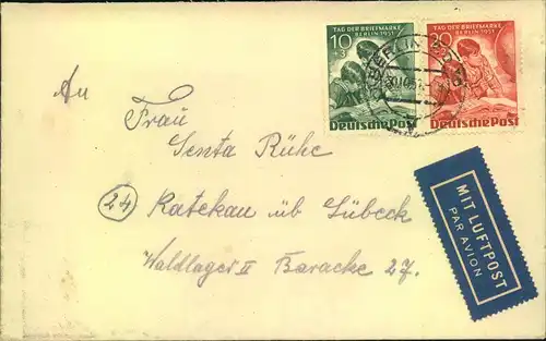1951, Tag der Briefmarke 20 und 30 Pfg. auf Luftpostbrief ab BERLIN SO 36