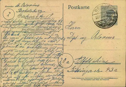 1948, Postkarte mit 12 Pfg. AS Werstempel mit verschobenem Aufdruck ab BERLIN-CHARLOTTENBURG 4 mit Ost-Absender.
