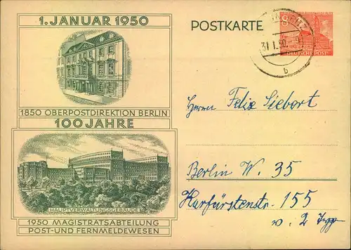 1950, 8 Bauten Ganzsachenkarte 100 Jahre OPD Berln, bedarfsgebraucht b BERLIN-BRITZ.