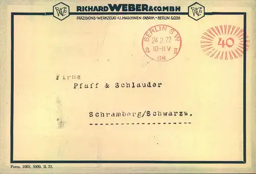 1922, früher Postfreistempel "BERLIN SW 68 a II" auf dekorativemWerbeumschlag